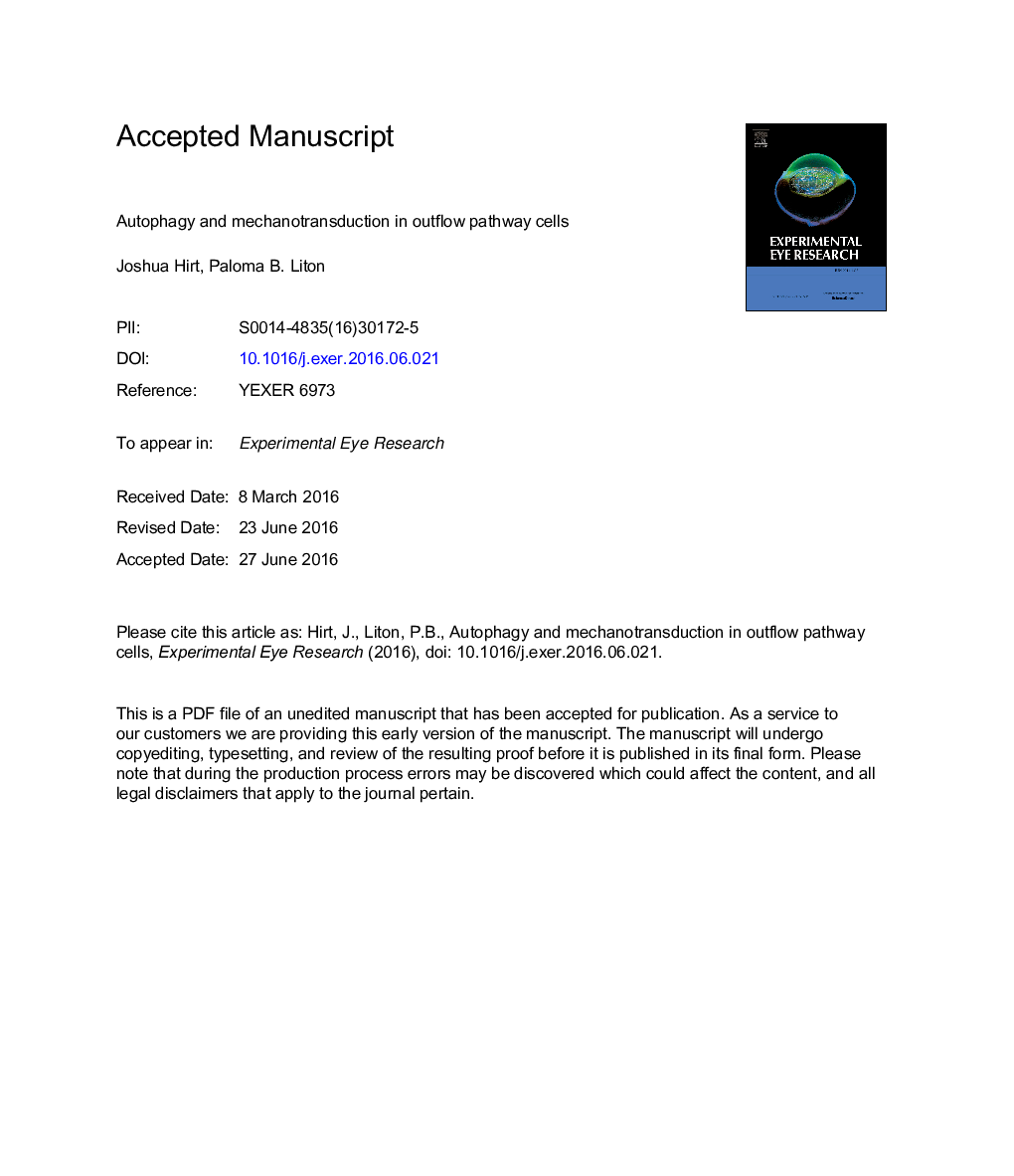 Autophagy and mechanotransduction in outflow pathway cells