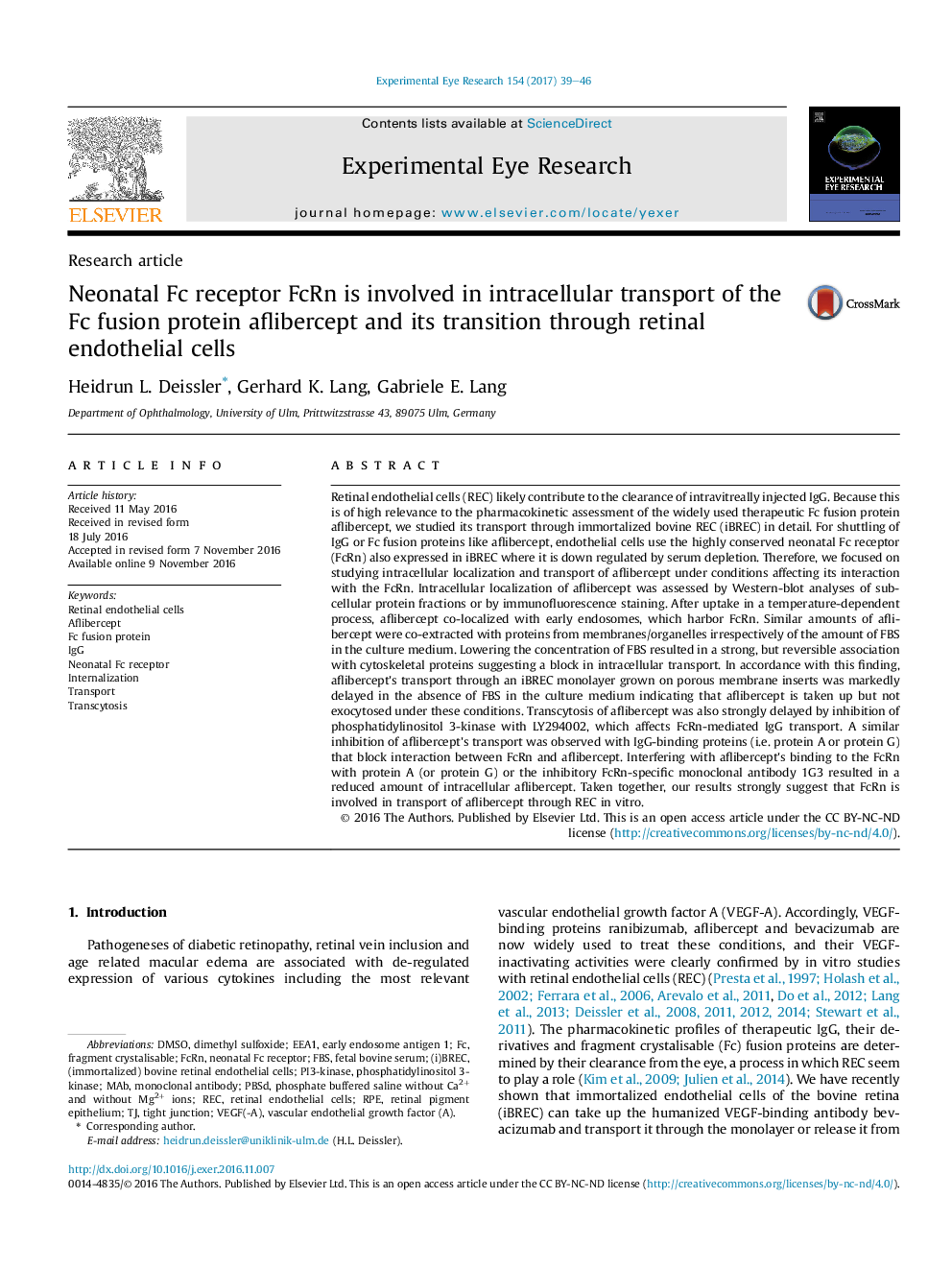 Neonatal Fc receptor FcRn is involved in intracellular transport of the Fc fusion protein aflibercept and its transition through retinal endothelial cells