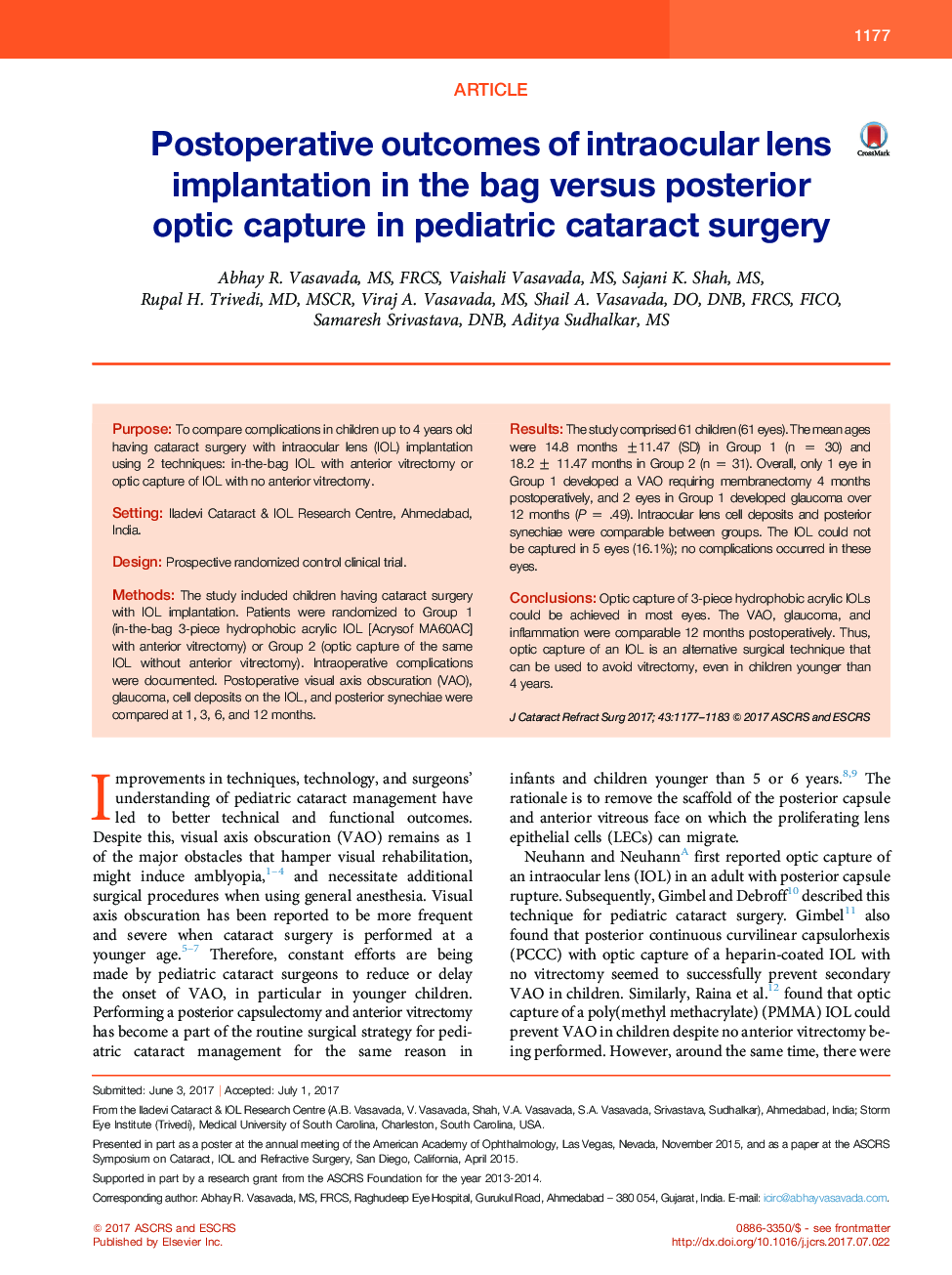 Postoperative outcomes of intraocular lens implantation in the bag versus posterior optic capture in pediatric cataractÂ surgery