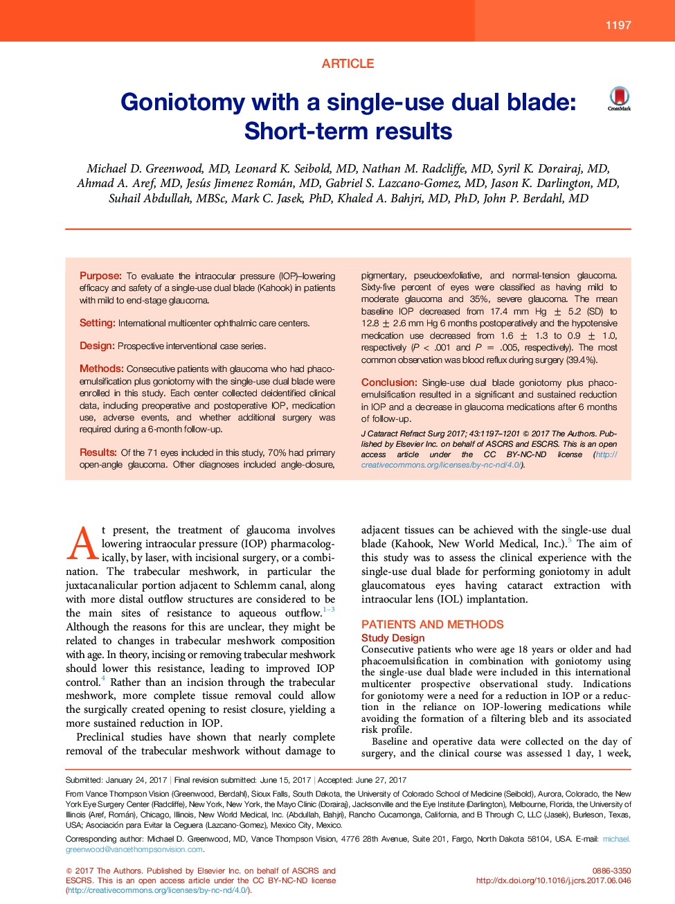 Goniotomy with a single-use dual blade: Short-term results
