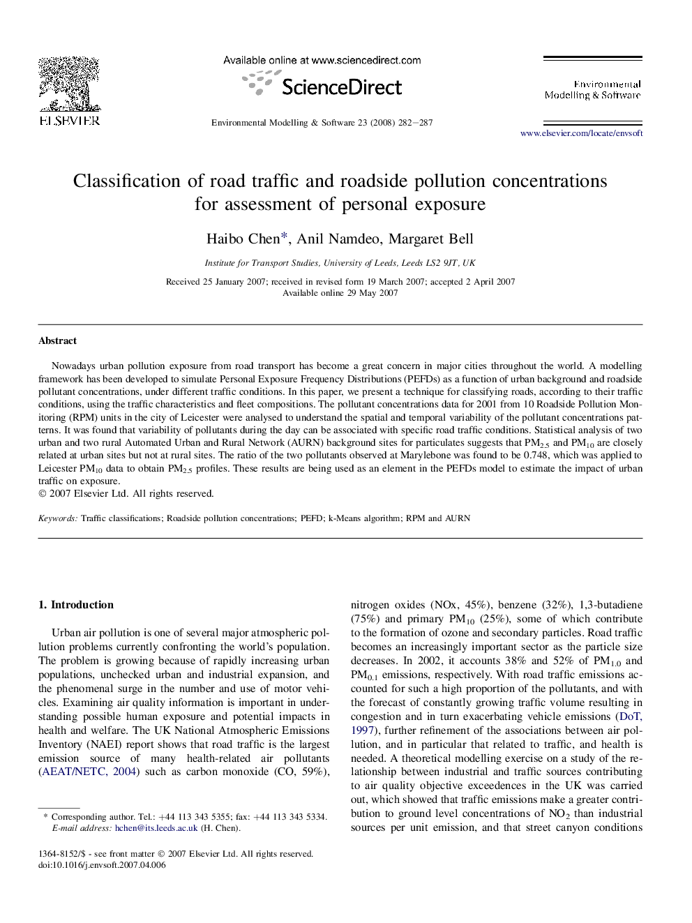 Classification of road traffic and roadside pollution concentrations for assessment of personal exposure