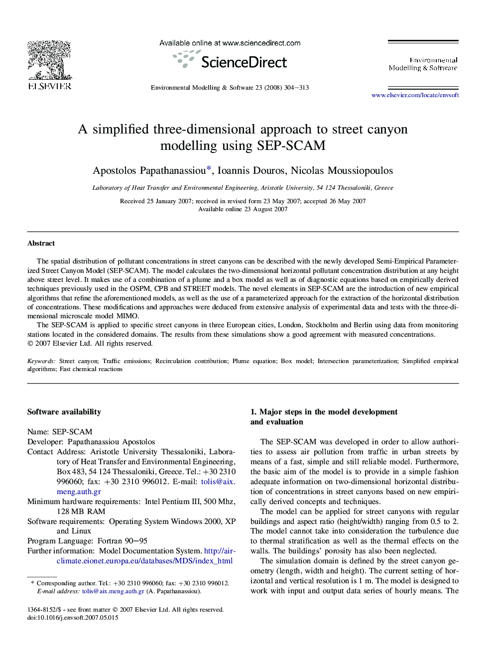 A simplified three-dimensional approach to street canyon modelling using SEP-SCAM