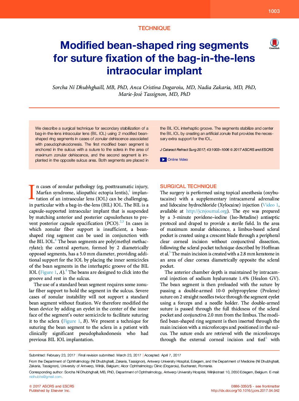 Modified bean-shaped ring segments for suture fixation of the bag-in-the-lens intraocular implant