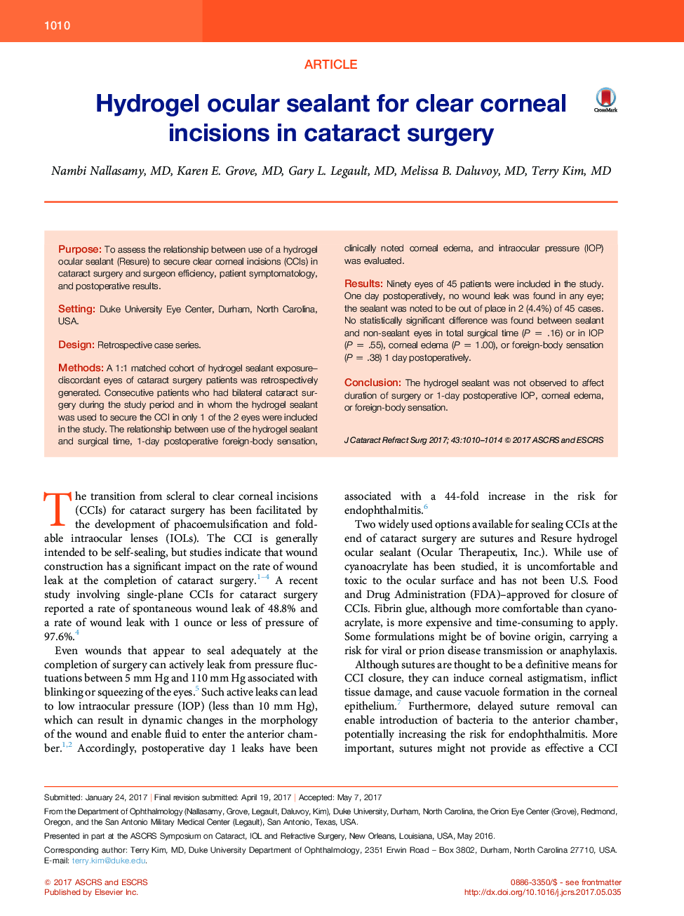 Hydrogel ocular sealant for clear corneal incisions in cataract surgery