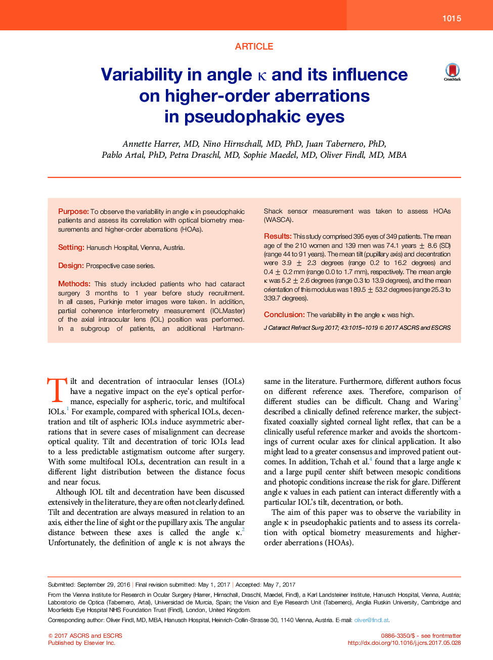 Variability in angle Îº and its influence onÂ higher-order aberrations inÂ pseudophakic eyes