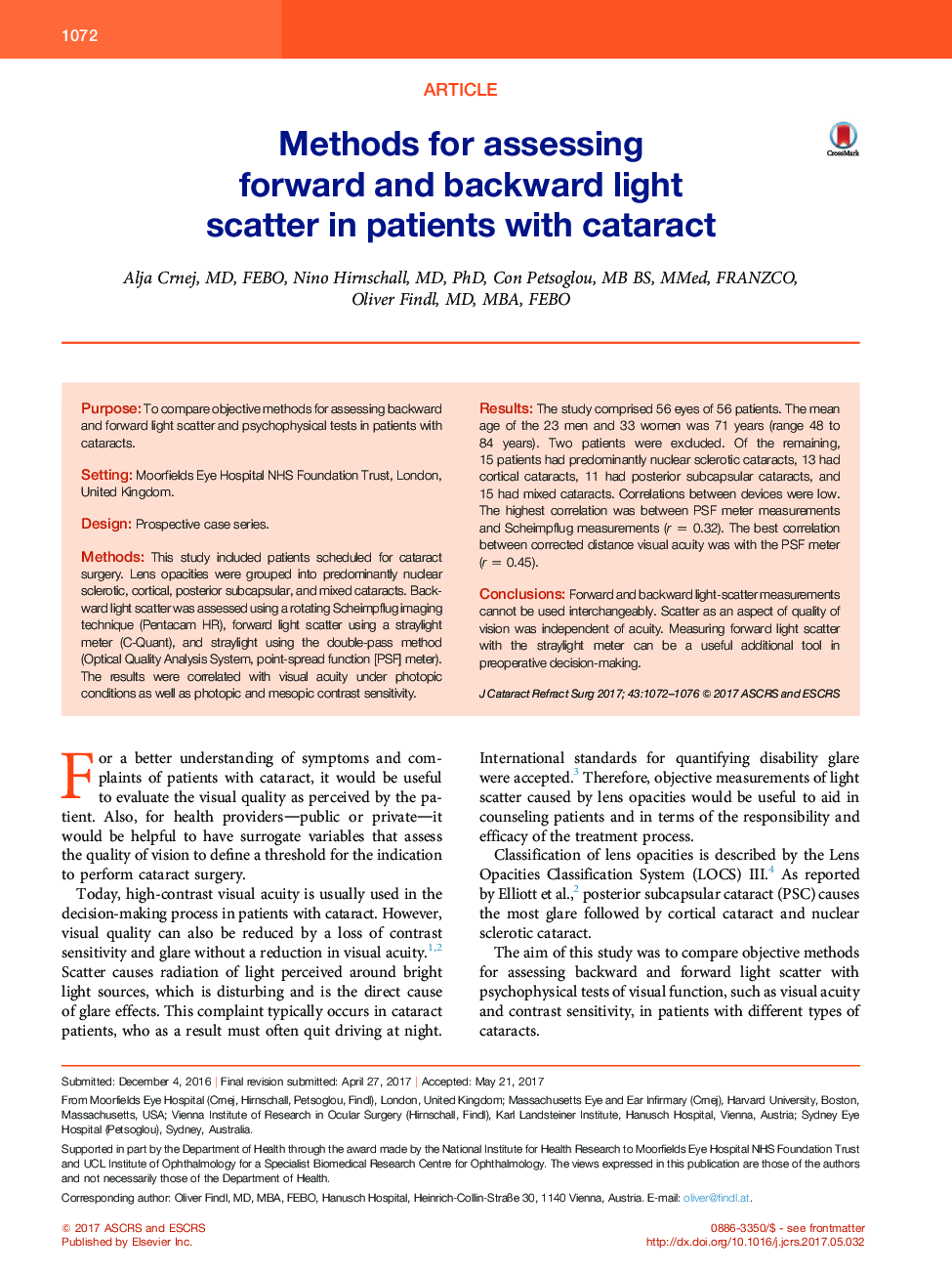 Methods for assessing forwardÂ andÂ backward light scatterÂ inÂ patients withÂ cataract