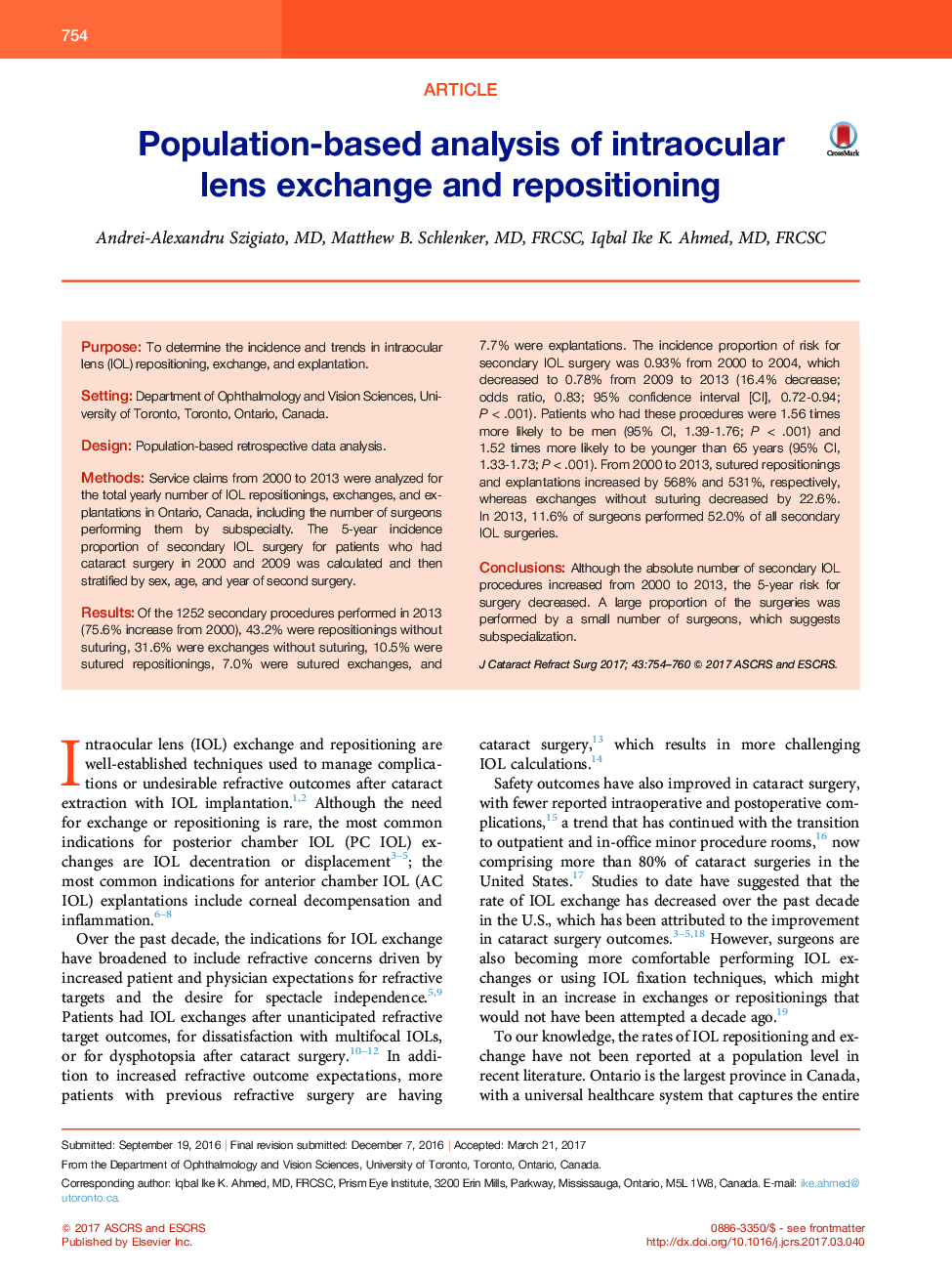 Population-based analysis of intraocular lens exchange and repositioning