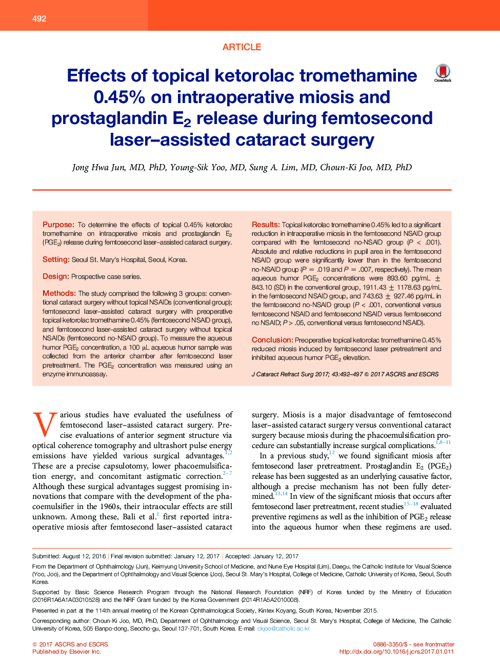 Effects of topical ketorolac tromethamine 0.45% on intraoperative miosis and prostaglandin E2 release during femtosecond laser-assisted cataract surgery
