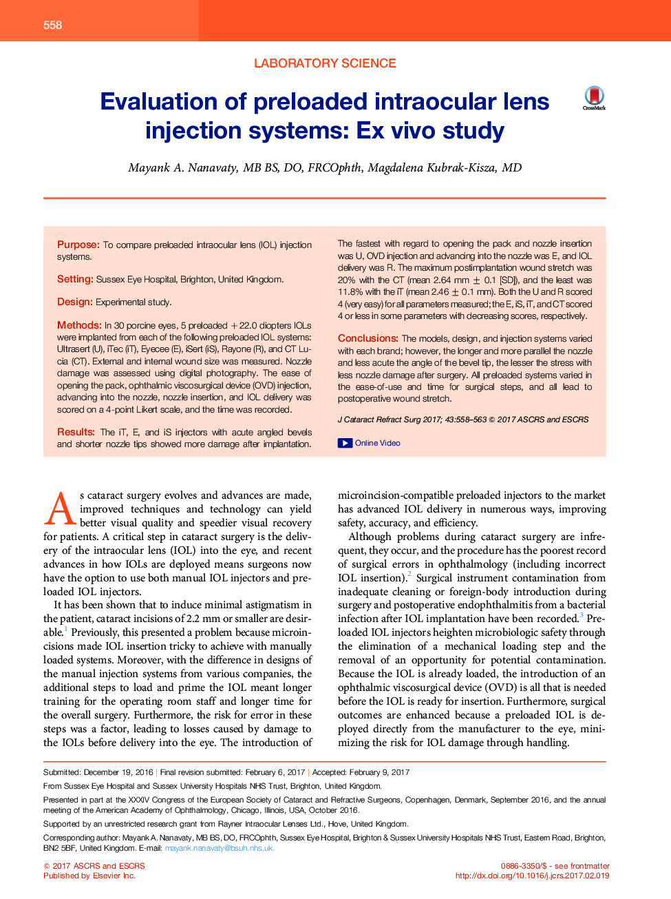 Evaluation of preloaded intraocular lens injection systems: ExÂ vivo study