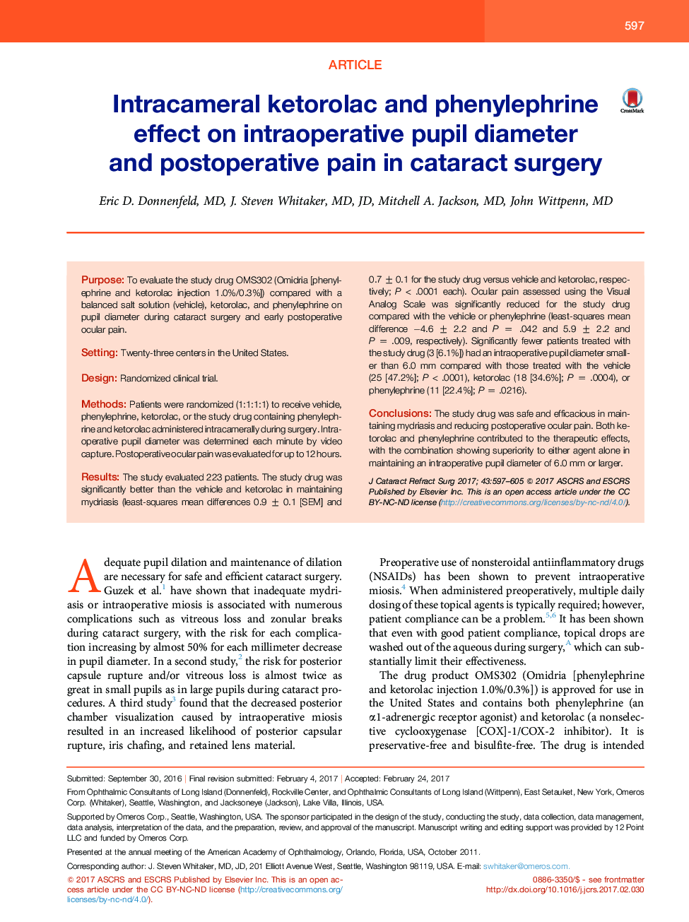 Intracameral ketorolac and phenylephrine effect on intraoperative pupil diameter andÂ postoperative pain in cataract surgery