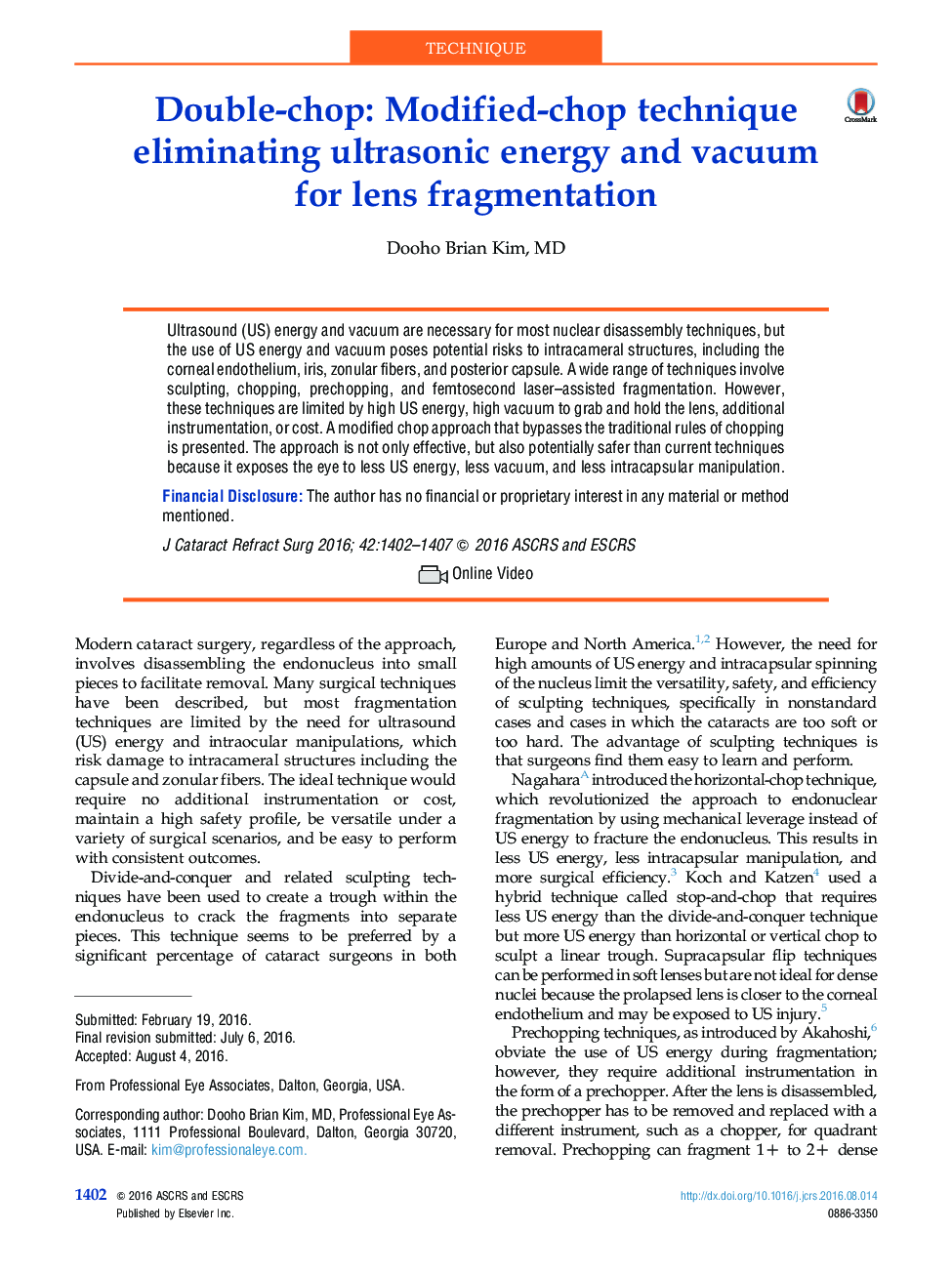 Double-chop: Modified-chop technique eliminating ultrasonic energy and vacuum for lens fragmentation