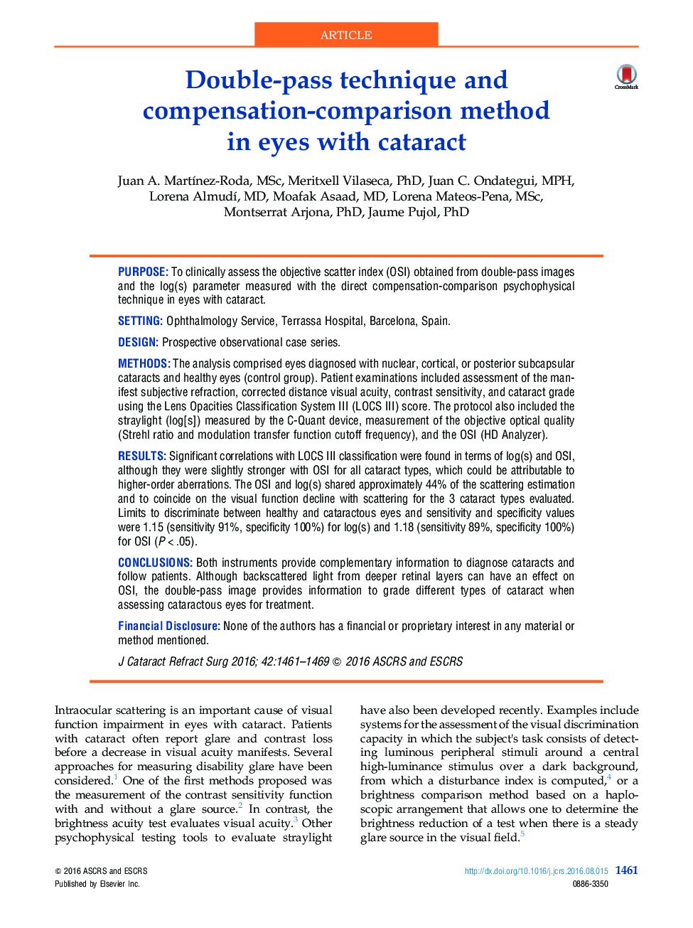 Double-pass technique and compensation-comparison method inÂ eyesÂ with cataract