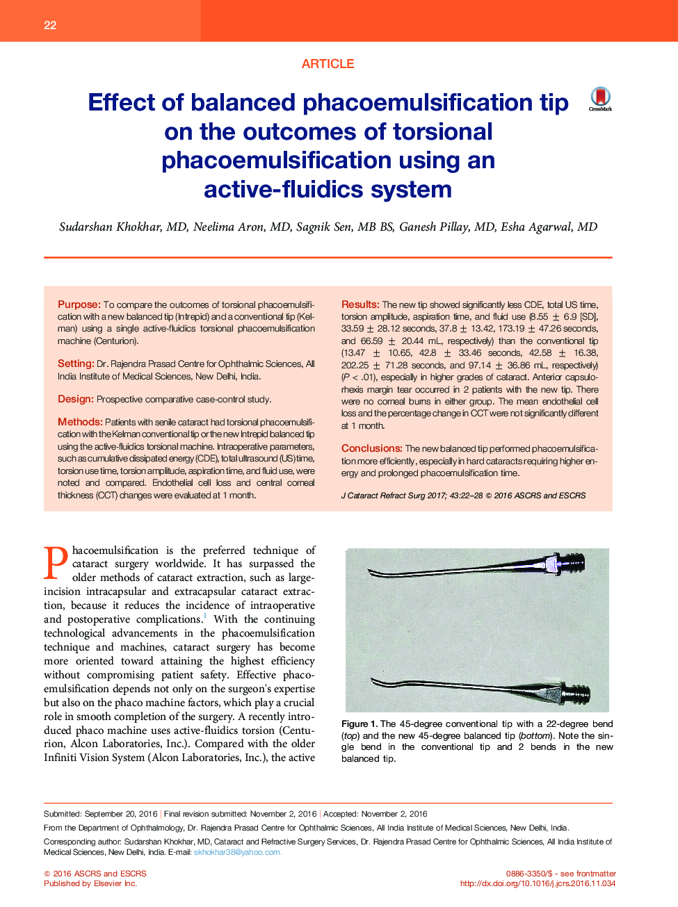 Effect of balanced phacoemulsification tip on the outcomes of torsional phacoemulsification using an active-fluidicsÂ system