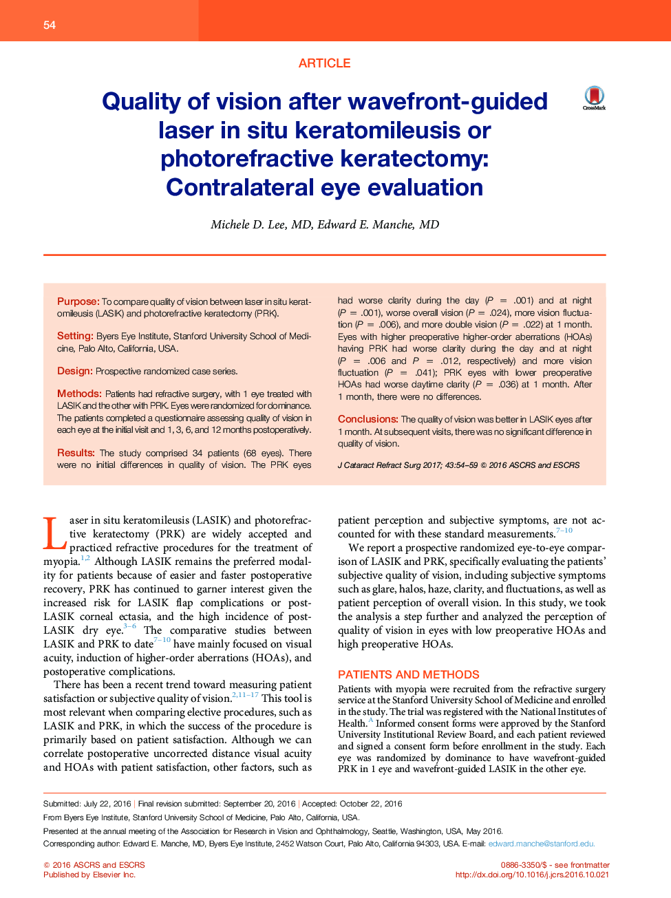 Quality of vision after wavefront-guided laser in situ keratomileusis or photorefractive keratectomy: Contralateral eye evaluation