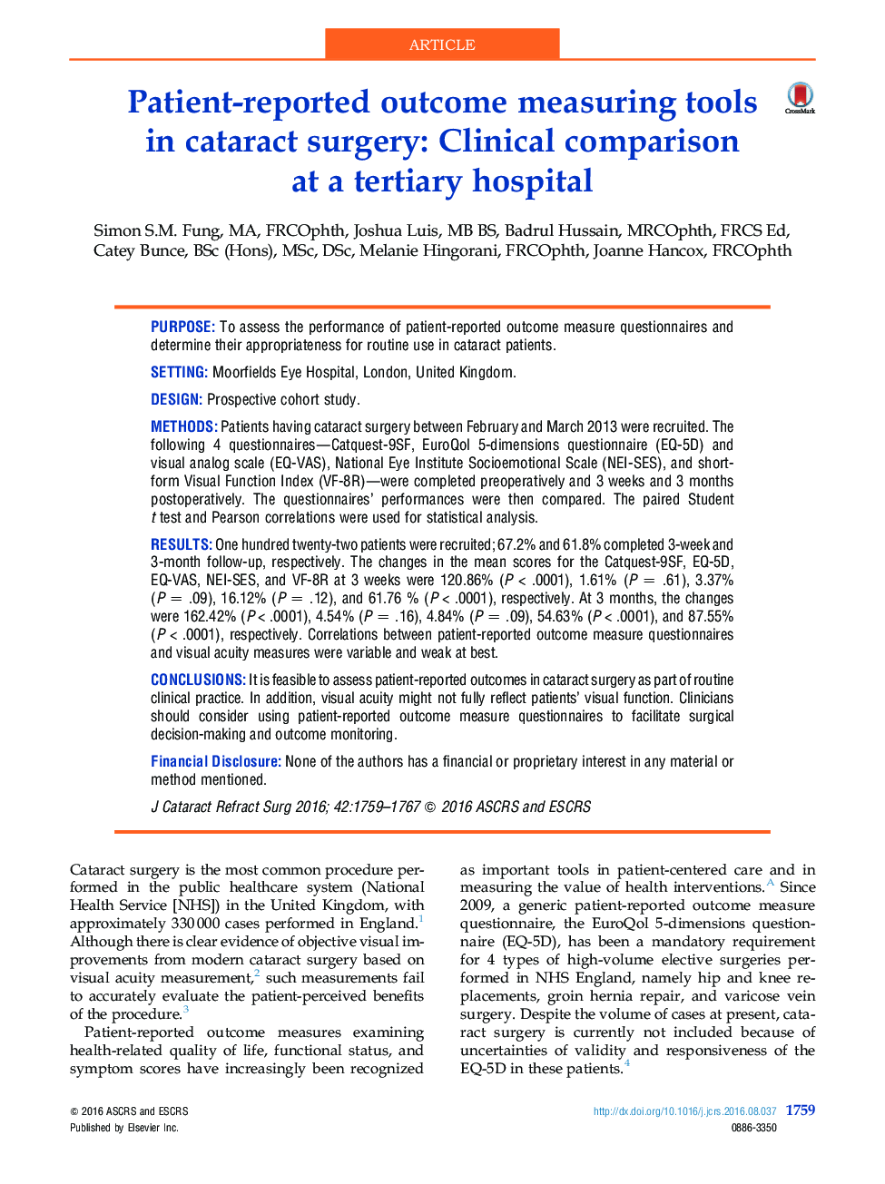 Patient-reported outcome measuring tools in cataract surgery: Clinical comparison atÂ a tertiary hospital
