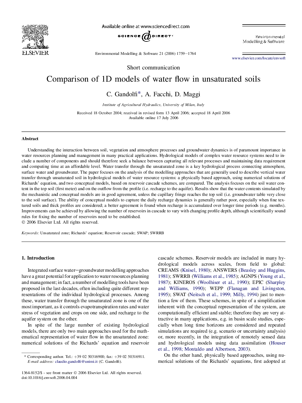 Comparison of 1D models of water flow in unsaturated soils