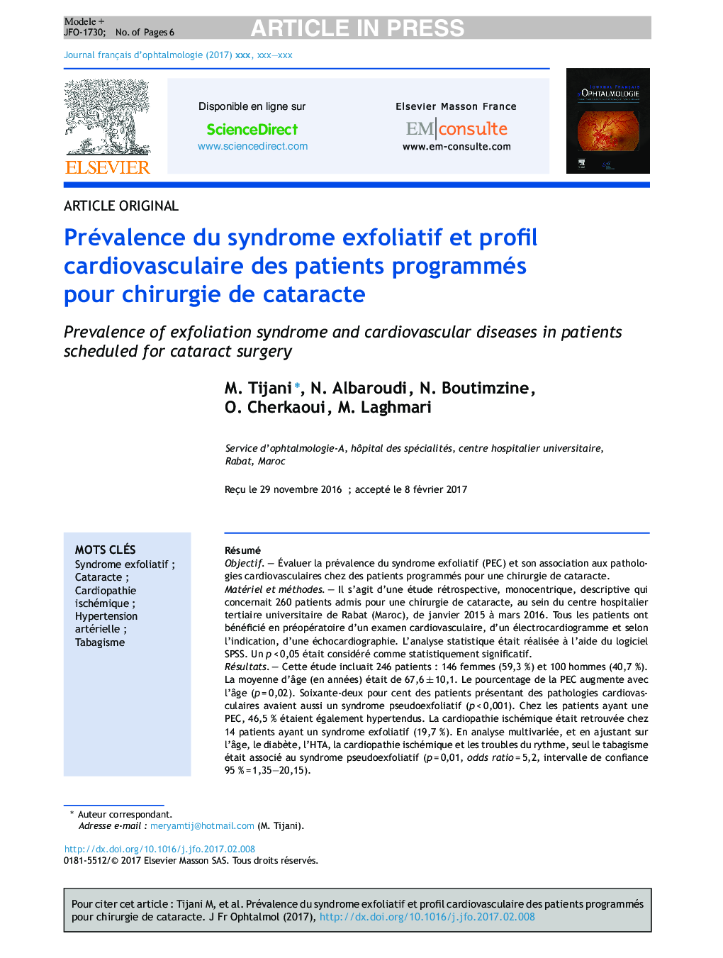 Prévalence du syndrome exfoliatif et profil cardiovasculaire des patients programmés pour chirurgie de cataracte