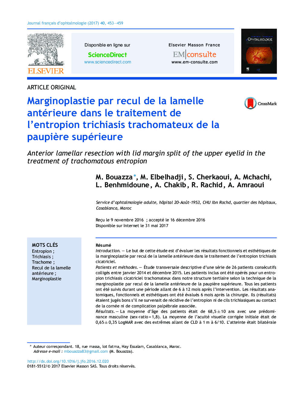 Marginoplastie par recul de la lamelle antérieure dans le traitement de l'entropion trichiasis trachomateux de la paupiÃ¨re supérieure