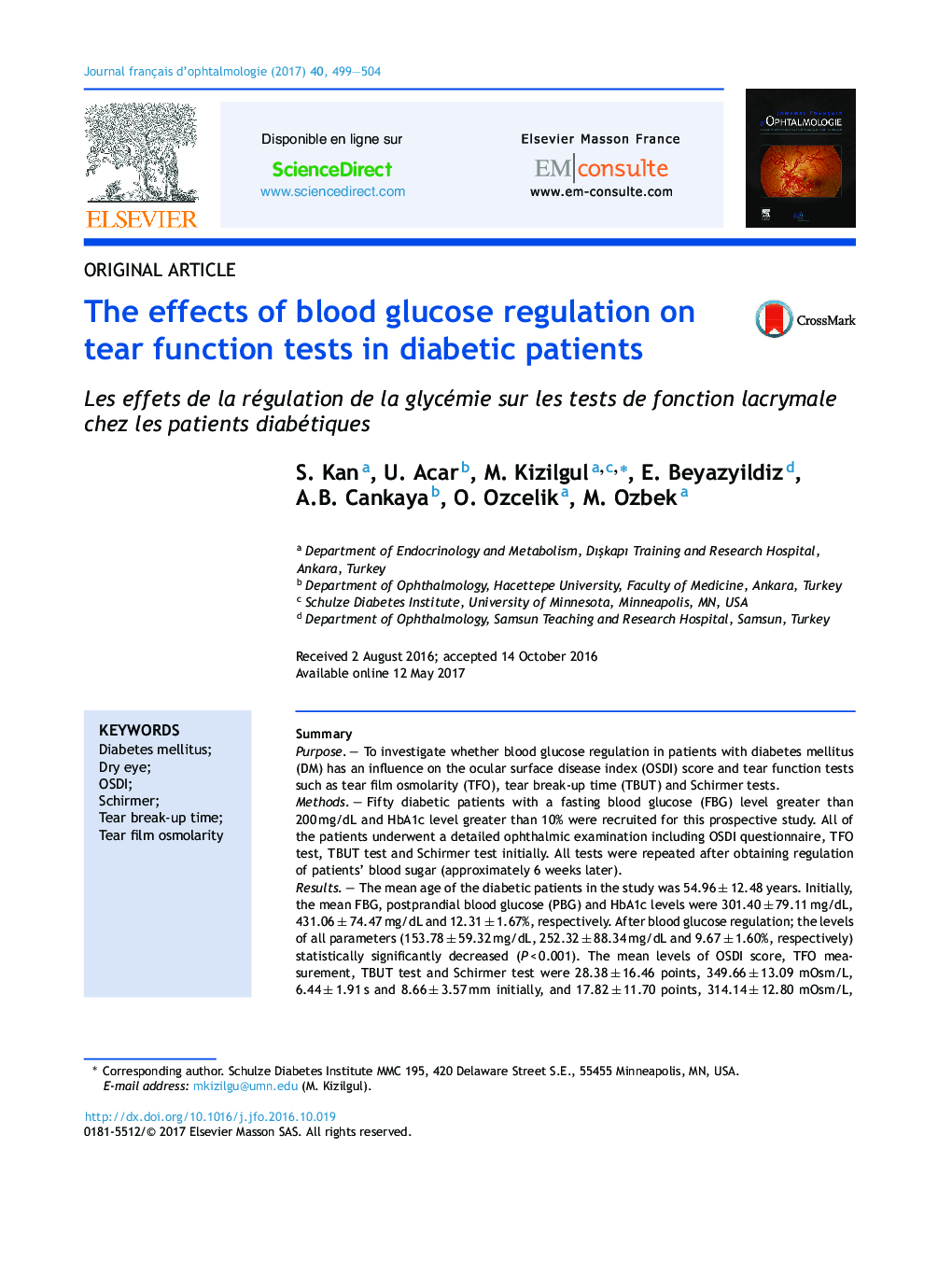 The effects of blood glucose regulation on tear function tests in diabetic patients