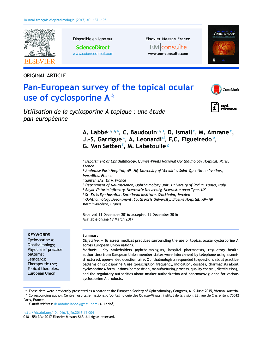 Pan-European survey of the topical ocular use of cyclosporine A