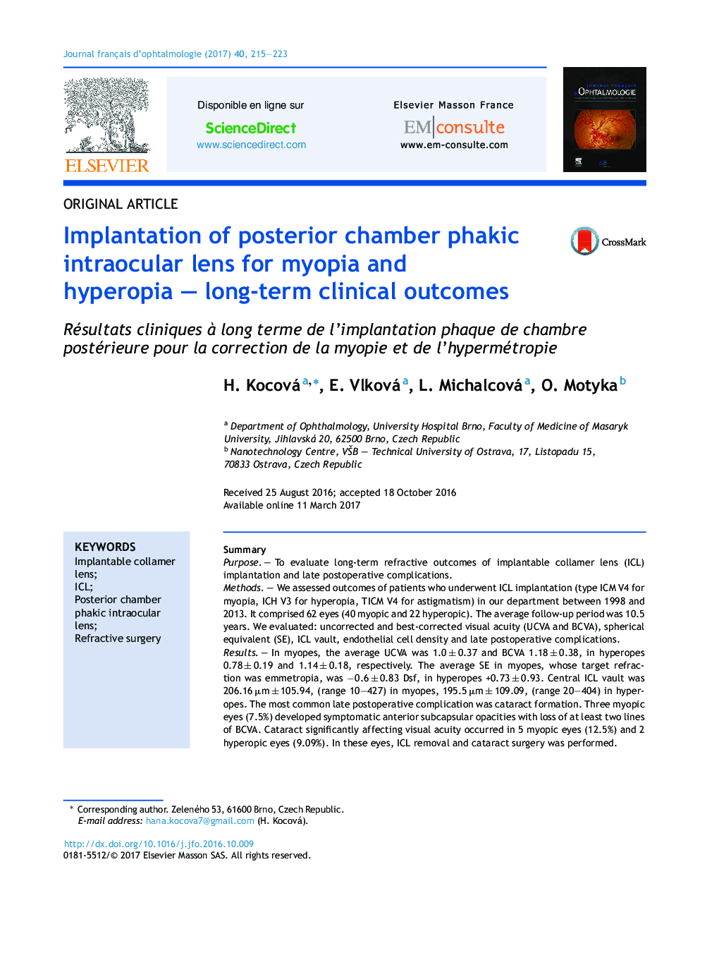 Implantation of posterior chamber phakic intraocular lens for myopia and hyperopiaÂ -Â long-term clinical outcomes