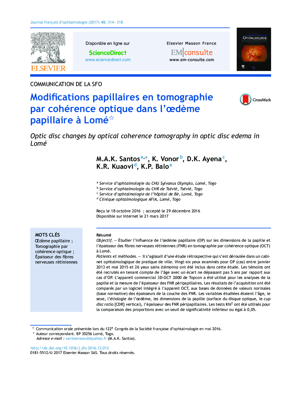 Modifications papillaires en tomographie par cohérence optique dans l'ÅdÃ¨me papillaire Ã  Lomé