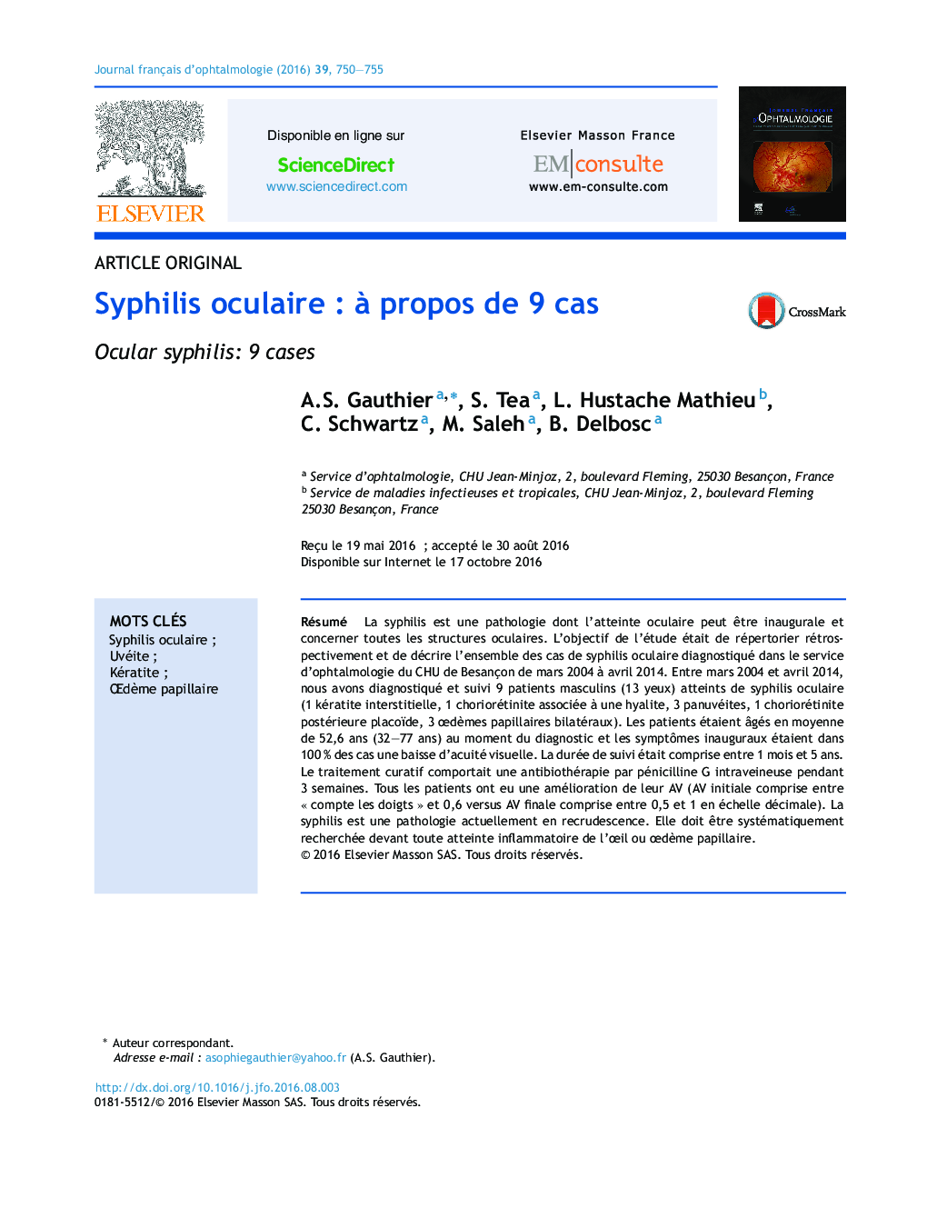 Syphilis oculaireÂ : Ã  propos de 9Â cas