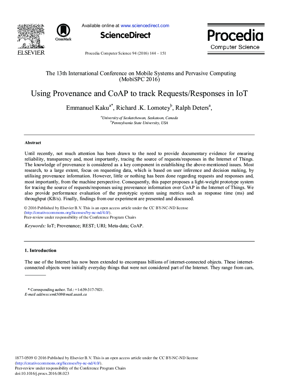 Using Provenance and CoAP to track Requests/Responses in IoT 