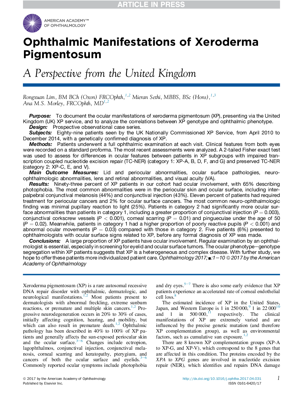 Ophthalmic Manifestations of Xeroderma Pigmentosum