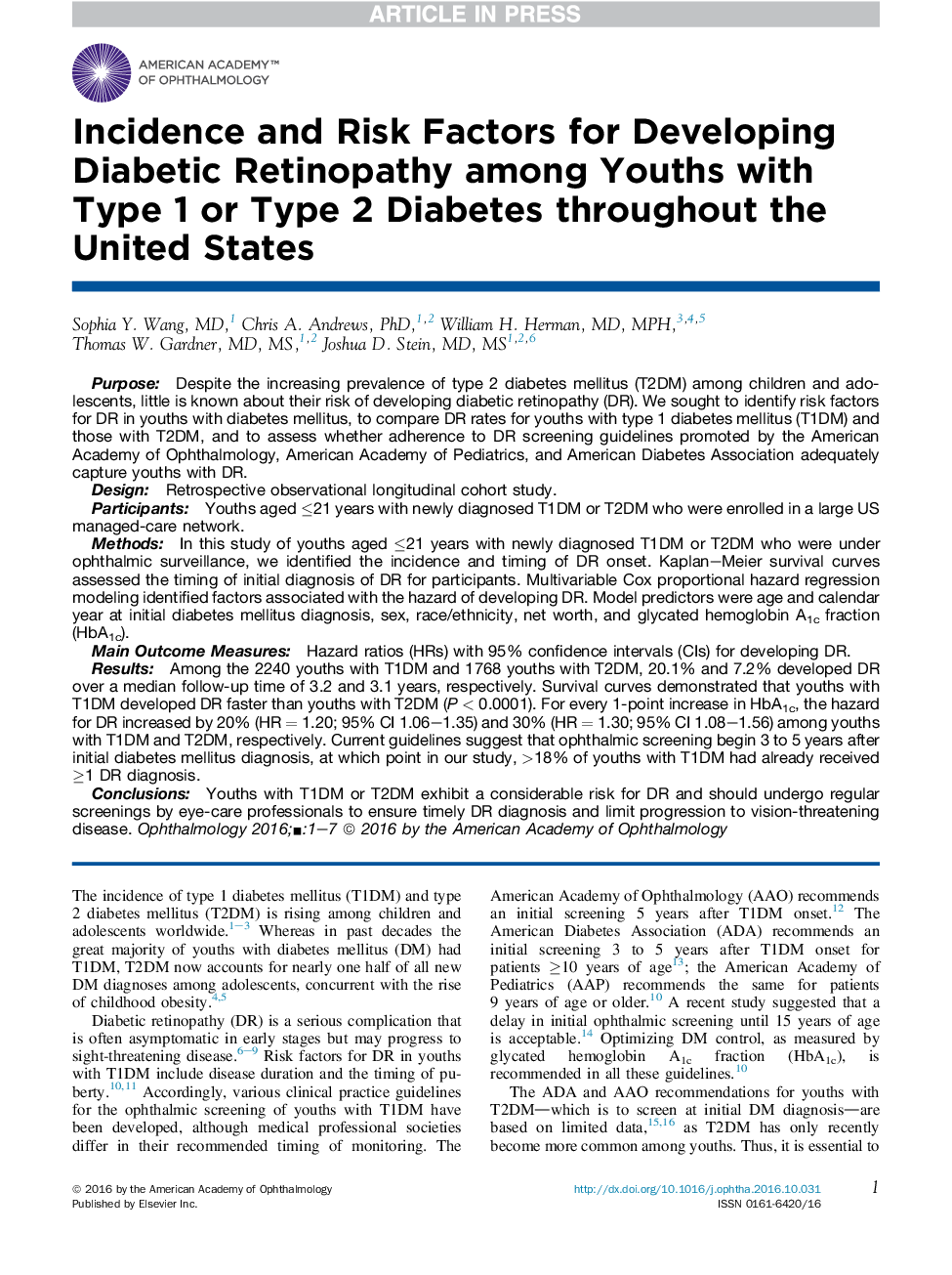 Incidence and Risk Factors for Developing Diabetic Retinopathy among Youths with Type 1 or Type 2 Diabetes throughout the United States