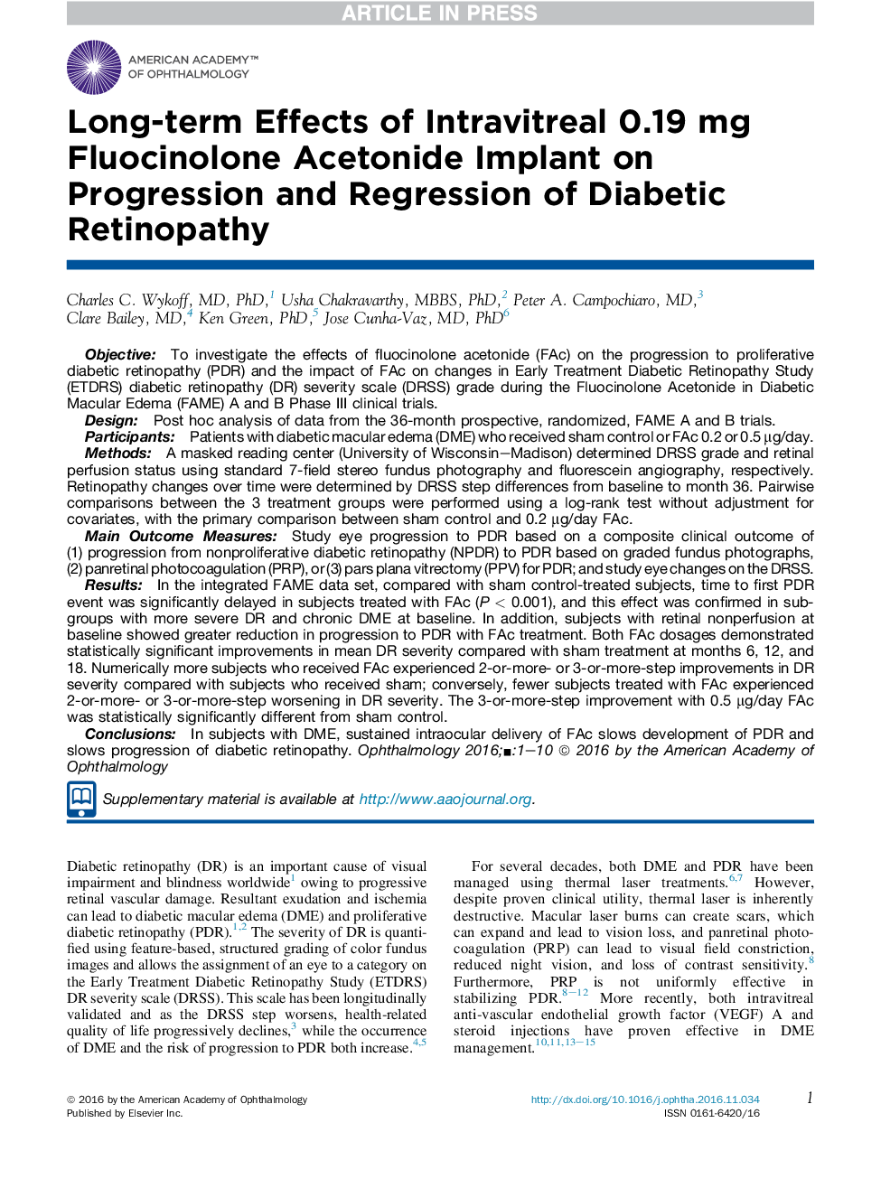 Long-term Effects of Intravitreal 0.19 mg Fluocinolone Acetonide Implant on Progression and Regression of Diabetic Retinopathy