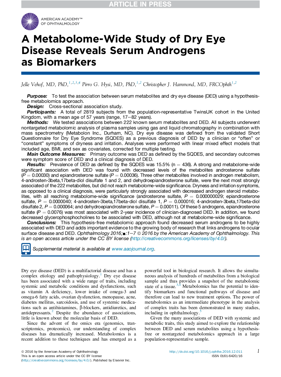 A Metabolome-Wide Study of Dry Eye Disease Reveals Serum Androgens asÂ Biomarkers