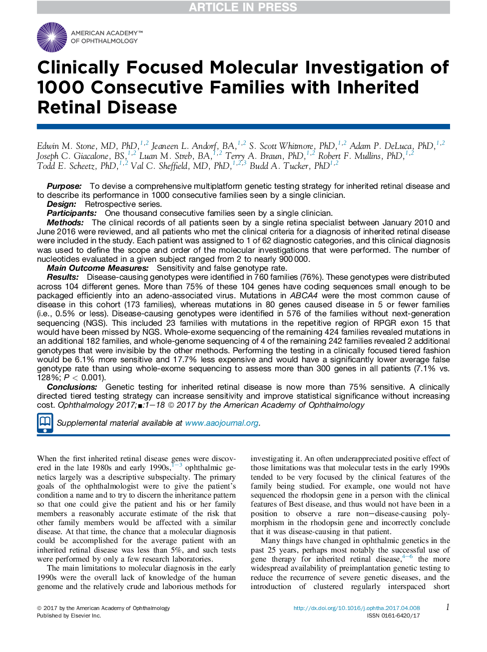 Clinically Focused Molecular Investigation of 1000 Consecutive Families with Inherited Retinal Disease