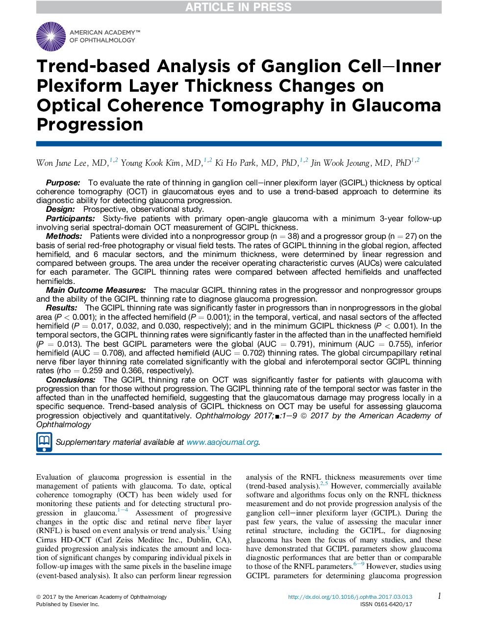 Trend-based Analysis of Ganglion Cell-Inner Plexiform Layer Thickness Changes on Optical Coherence Tomography in Glaucoma Progression