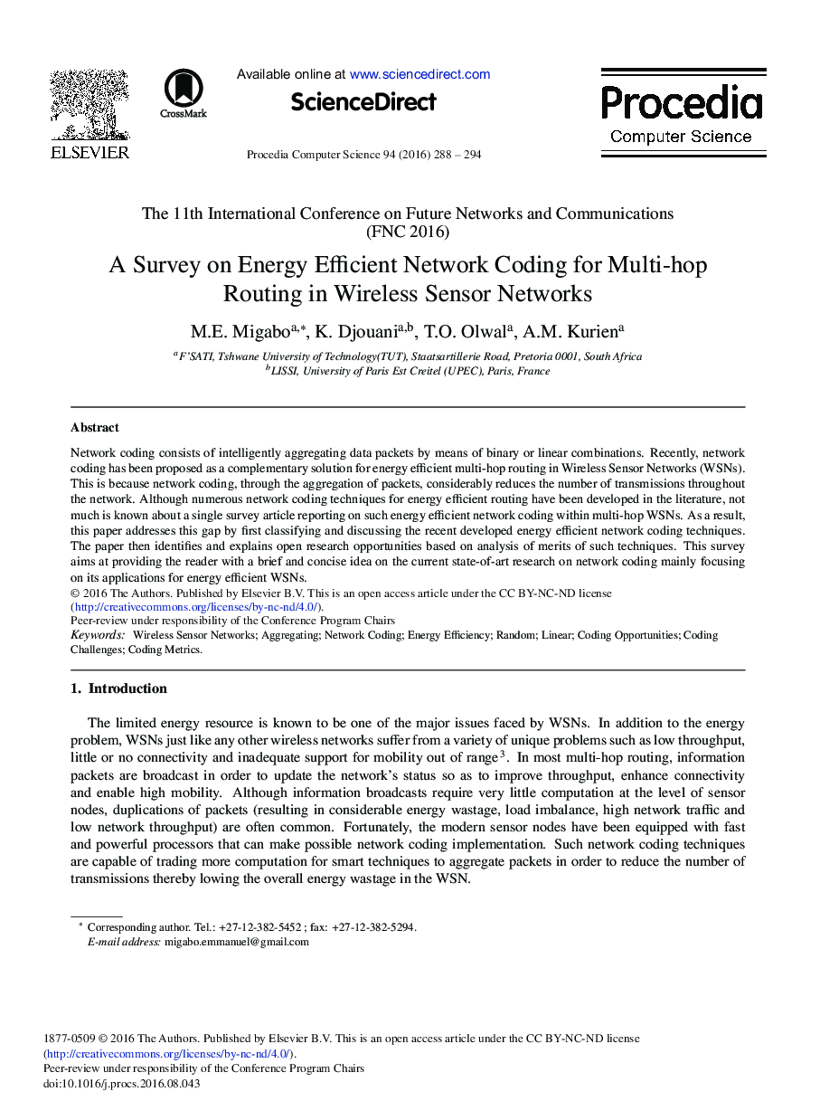نظرسنجی در مورد کدگذاری شبکه های کارآمد انرژی برای مسیریابی چند هام در شبکه های سنسور بی سیم 