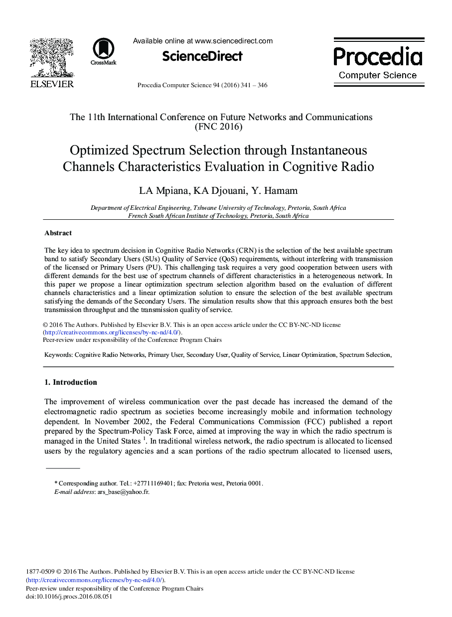 Optimized Spectrum Selection through Instantaneous Channels Characteristics Evaluation in Cognitive Radio 