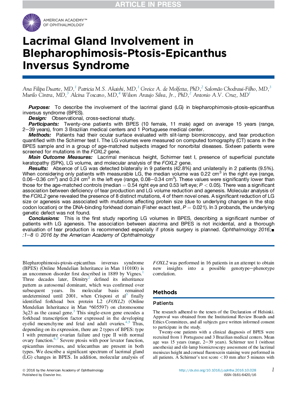 Lacrimal Gland Involvement in Blepharophimosis-Ptosis-Epicanthus Inversus Syndrome