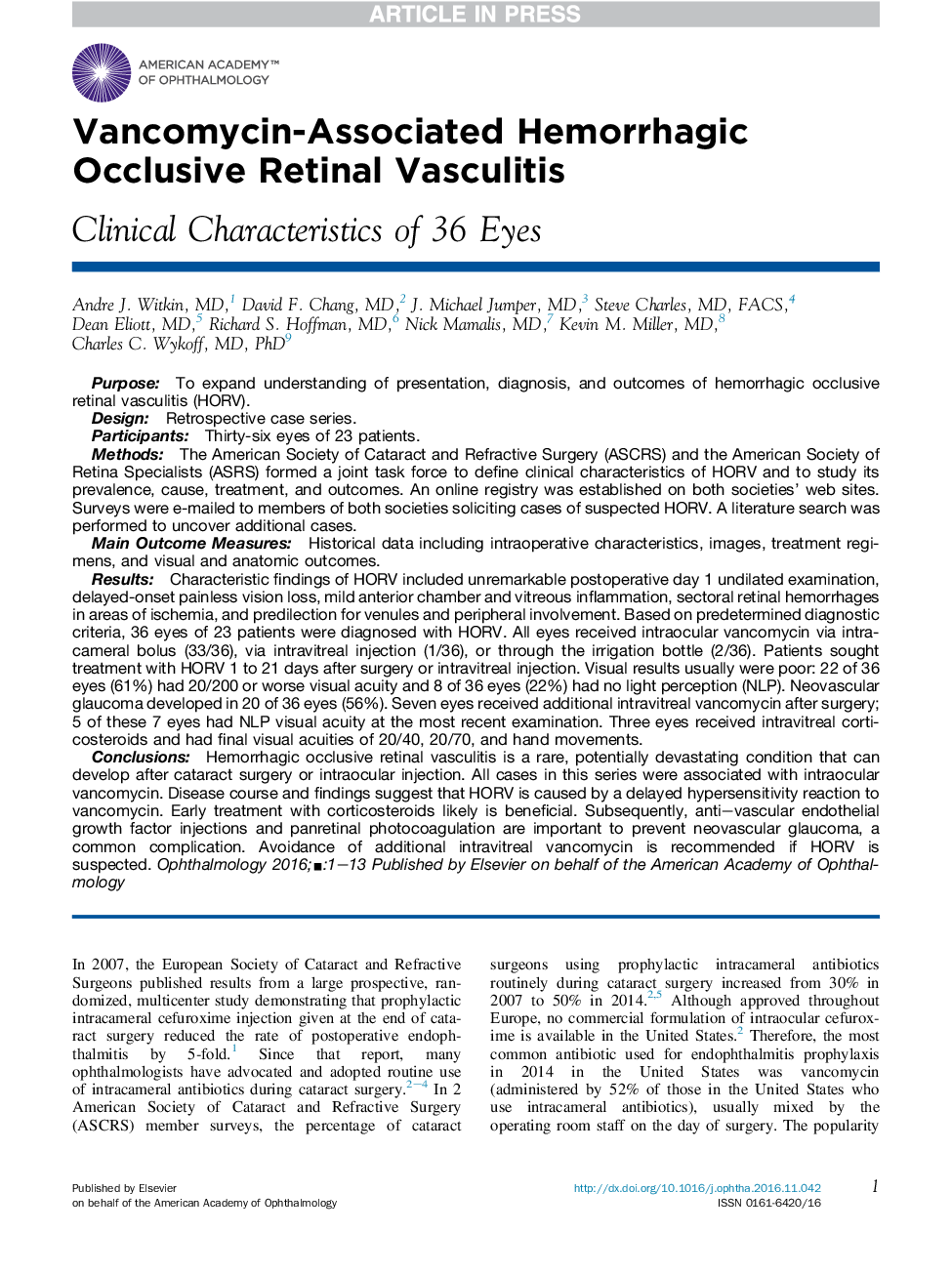 Vancomycin-Associated Hemorrhagic Occlusive Retinal Vasculitis