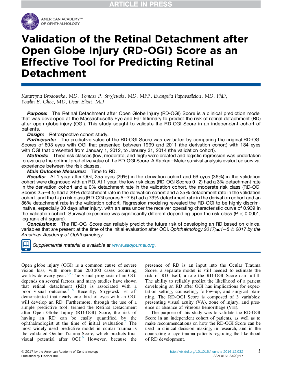 Validation of the Retinal Detachment after Open Globe Injury (RD-OGI) Score as an Effective Tool for Predicting Retinal Detachment