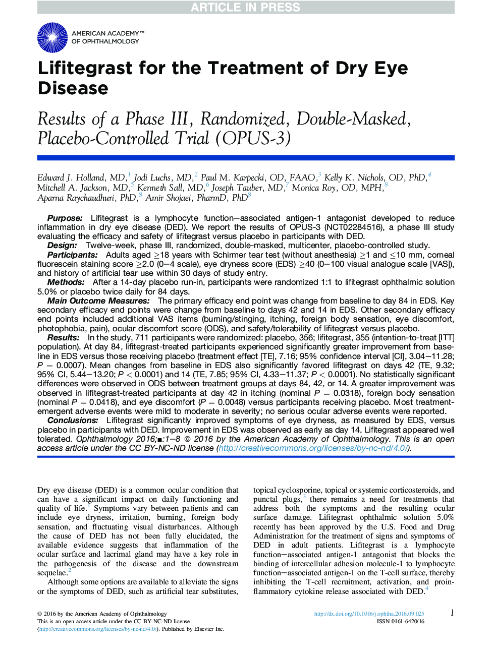 Lifitegrast for the Treatment of Dry Eye Disease