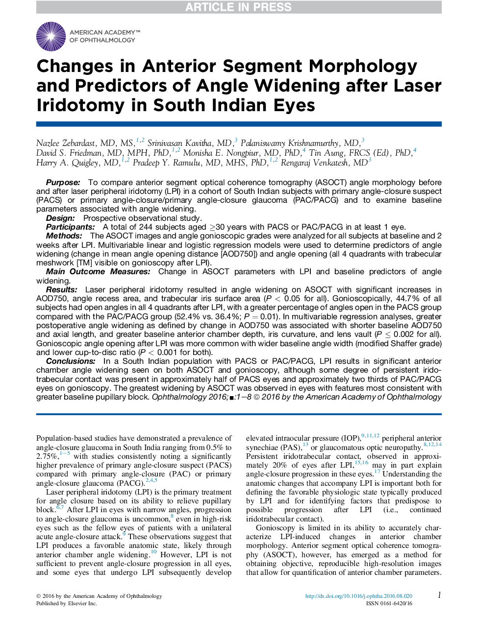 Changes in Anterior Segment Morphology and Predictors of Angle Widening after Laser Iridotomy in South Indian Eyes