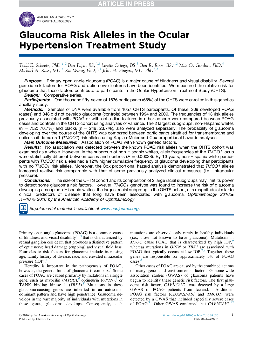 Glaucoma Risk Alleles in the Ocular Hypertension Treatment Study