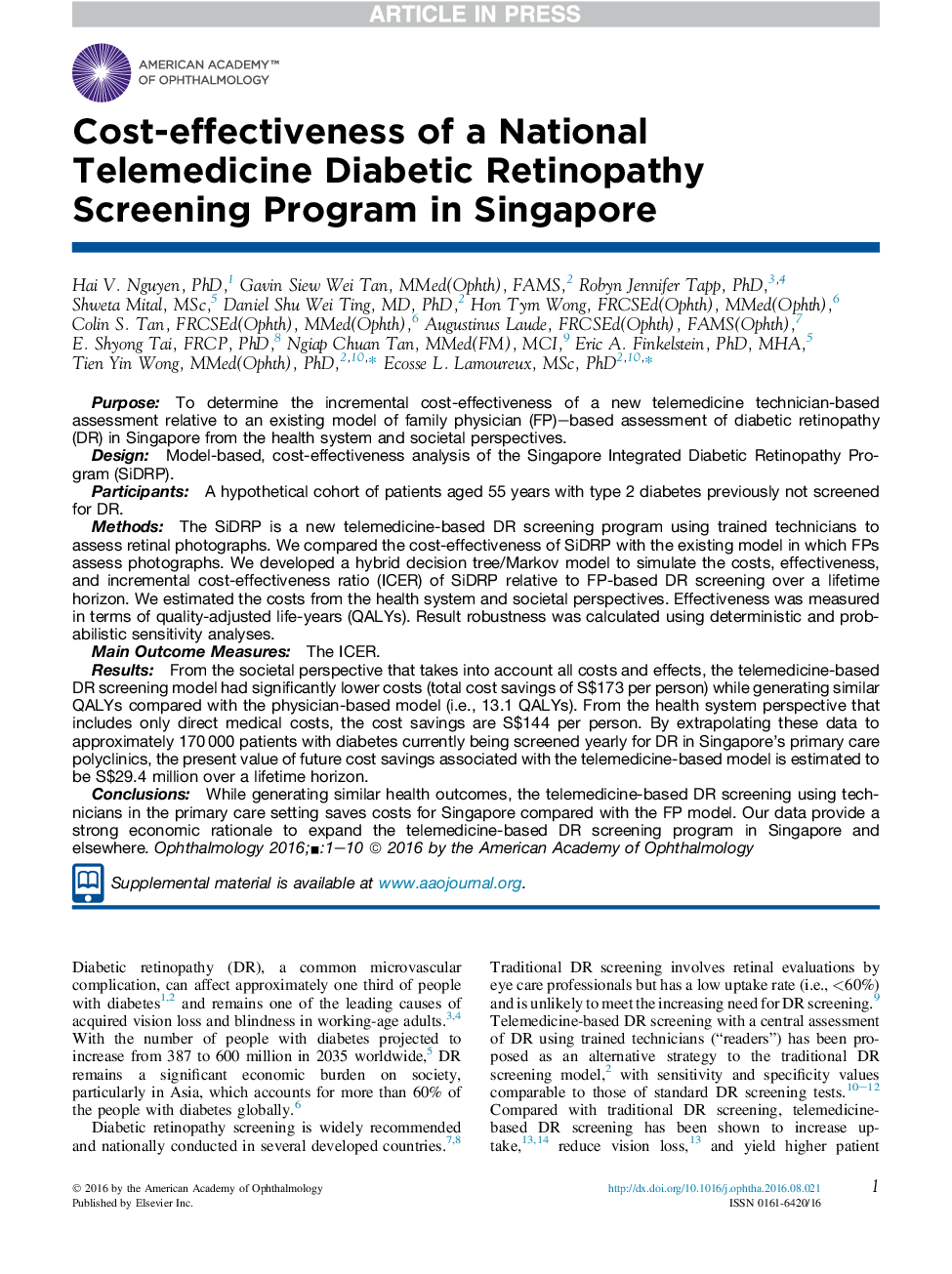 Cost-effectiveness of a National Telemedicine Diabetic Retinopathy Screening Program in Singapore