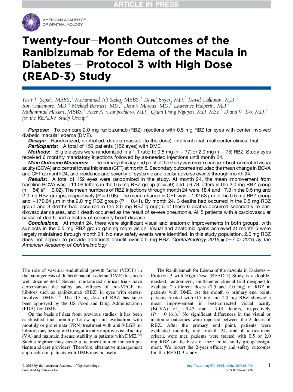 Twenty-four-Month Outcomes of the Ranibizumab for Edema of the Macula in Diabetes - Protocol 3 with High Dose (READ-3) Study
