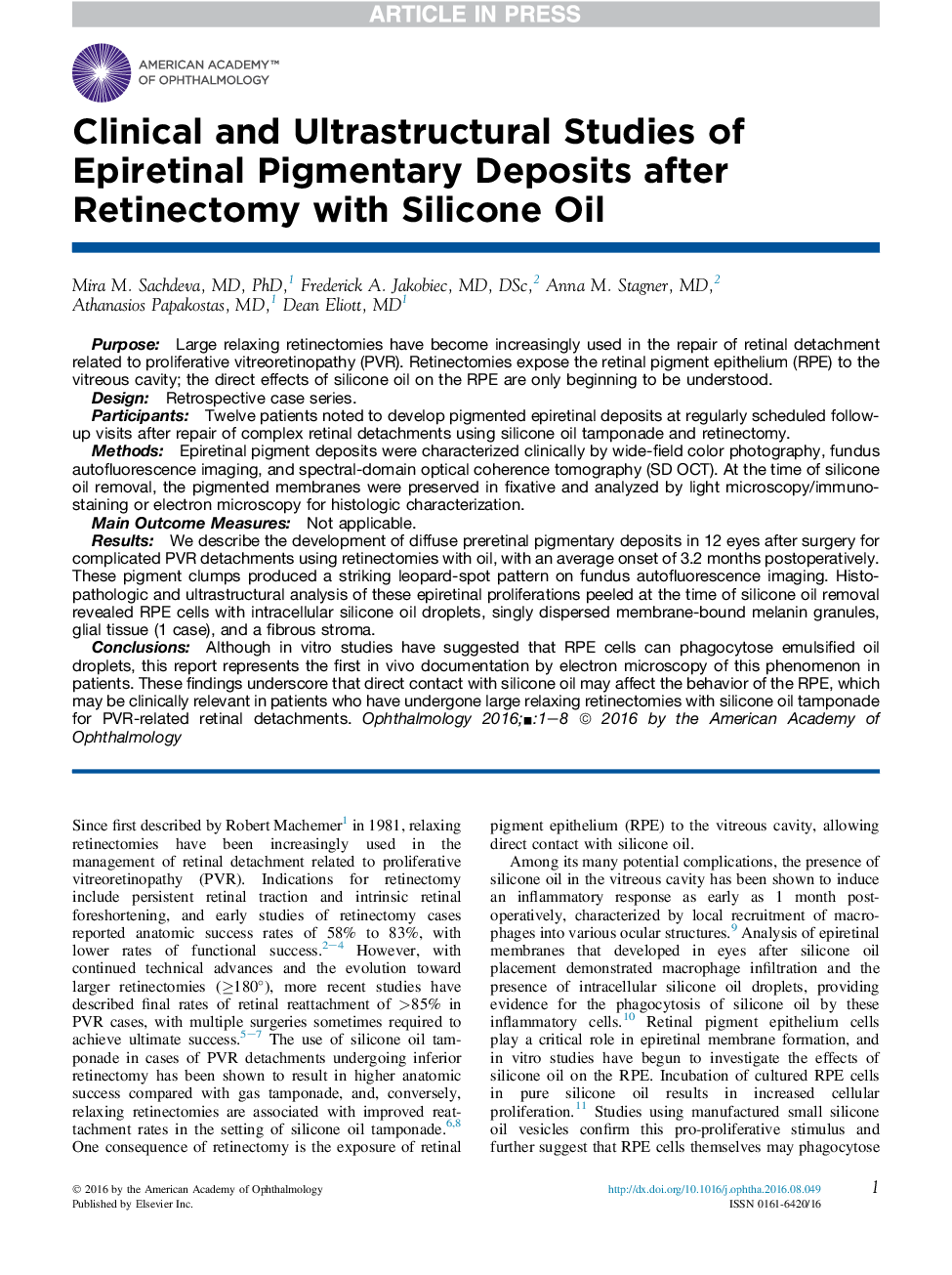 Clinical and Ultrastructural Studies of Epiretinal Pigmentary Deposits after Retinectomy with Silicone Oil