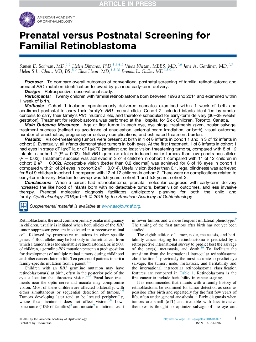 Prenatal versus Postnatal Screening for Familial Retinoblastoma