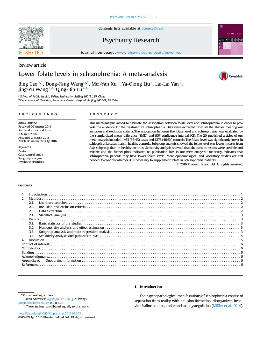 Lower folate levels in schizophrenia: A meta-analysis