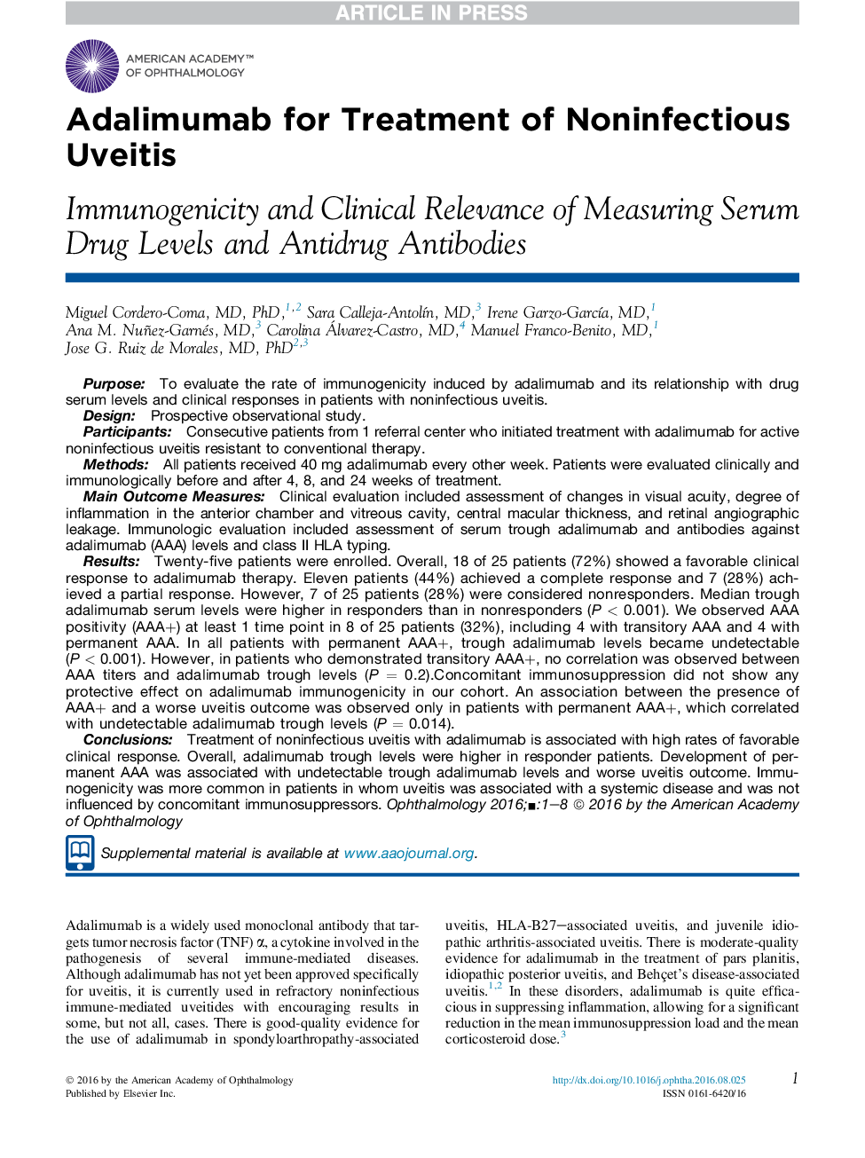 Adalimumab for Treatment of Noninfectious Uveitis