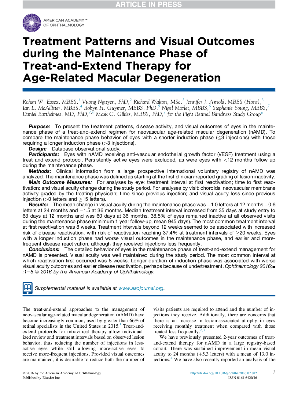 الگوهای درمان و نتایج بصری در طی مرحله تعمیر و نگهداری درمان و گسترش درمان برای سن پاره شدن ماکولا 