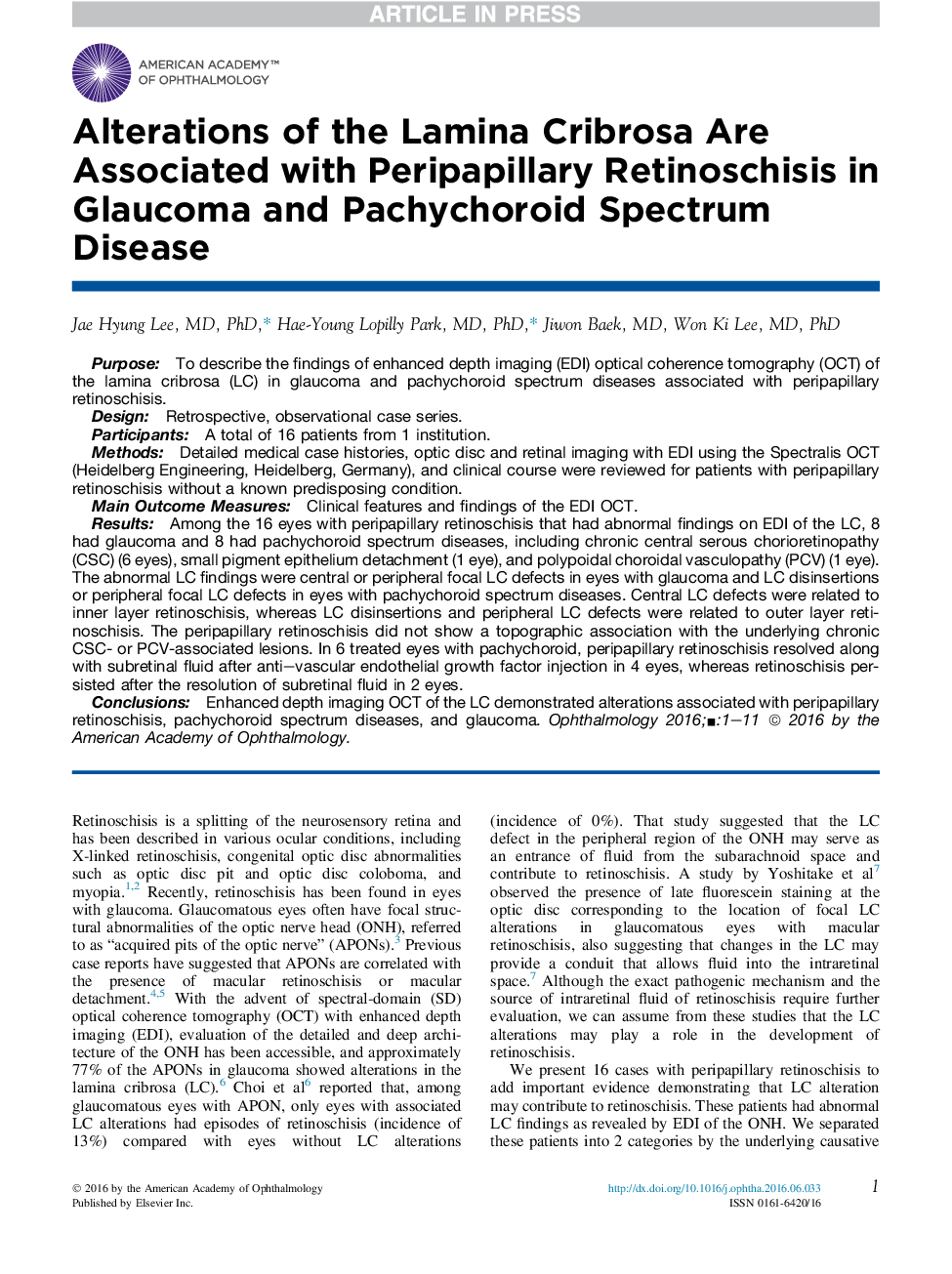 Alterations of the Lamina Cribrosa Are Associated with Peripapillary Retinoschisis in Glaucoma and Pachychoroid Spectrum Disease